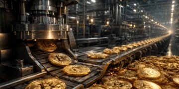 Monedas físicas de bitcoin en una cinta transportadora.