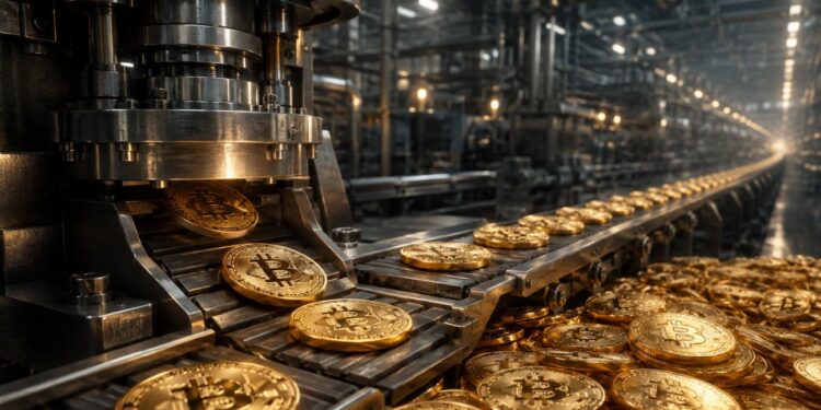 Monedas físicas de bitcoin en una cinta transportadora.