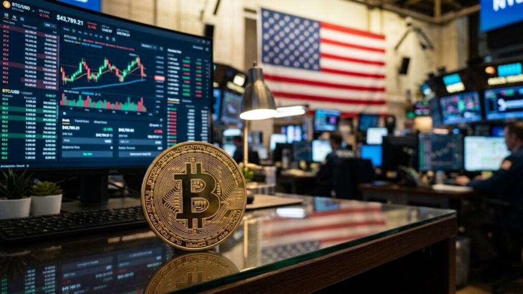 Moneda de bitcoin con gráficos de mercado mixtos en el fondo y la bandera de EE. UU.