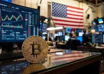 Moneda de bitcoin con gráficos de mercado mixtos en el fondo y la bandera de EE. UU.