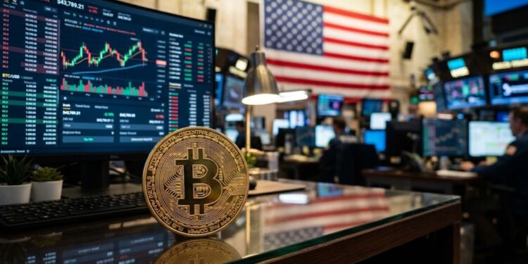 Moneda de bitcoin con gráficos de mercado mixtos en el fondo y la bandera de EE. UU.