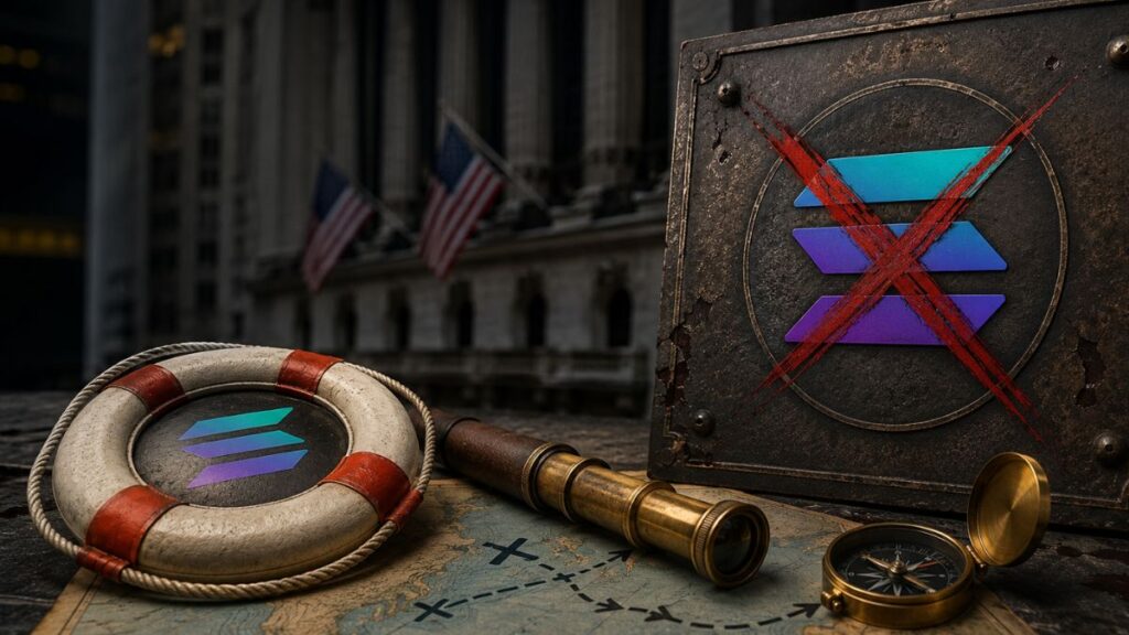 Logotipo de Solana en un salvavidas y tachado con una 'X' roja sobre un mapa, con la Bolsa de Nueva York al fondo.