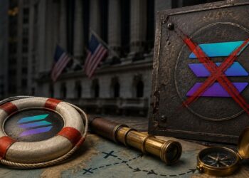 Logotipo de Solana en un salvavidas y tachado con una 'X' roja sobre un mapa, con la Bolsa de Nueva York al fondo.