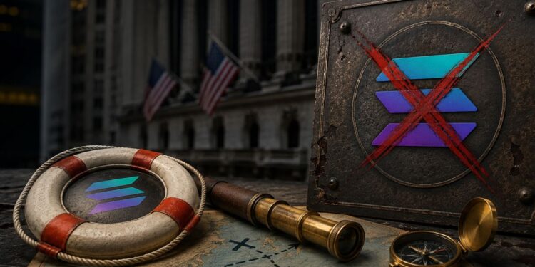 Logotipo de Solana en un salvavidas y tachado con una 'X' roja sobre un mapa, con la Bolsa de Nueva York al fondo.