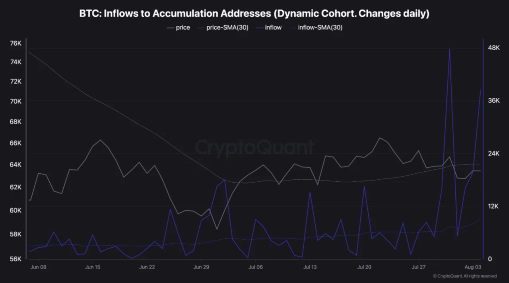 gráfico de la métrica de entradas de BTC a direcciones de acumulación.