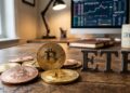 Monedas de bitcoin con la palabra ETF al lado.