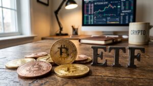 Monedas de bitcoin con la palabra ETF al lado.
