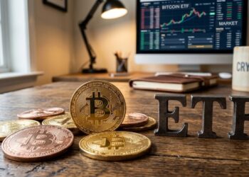 Monedas de bitcoin con la palabra ETF al lado.