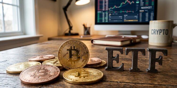 Monedas de bitcoin con la palabra ETF al lado.