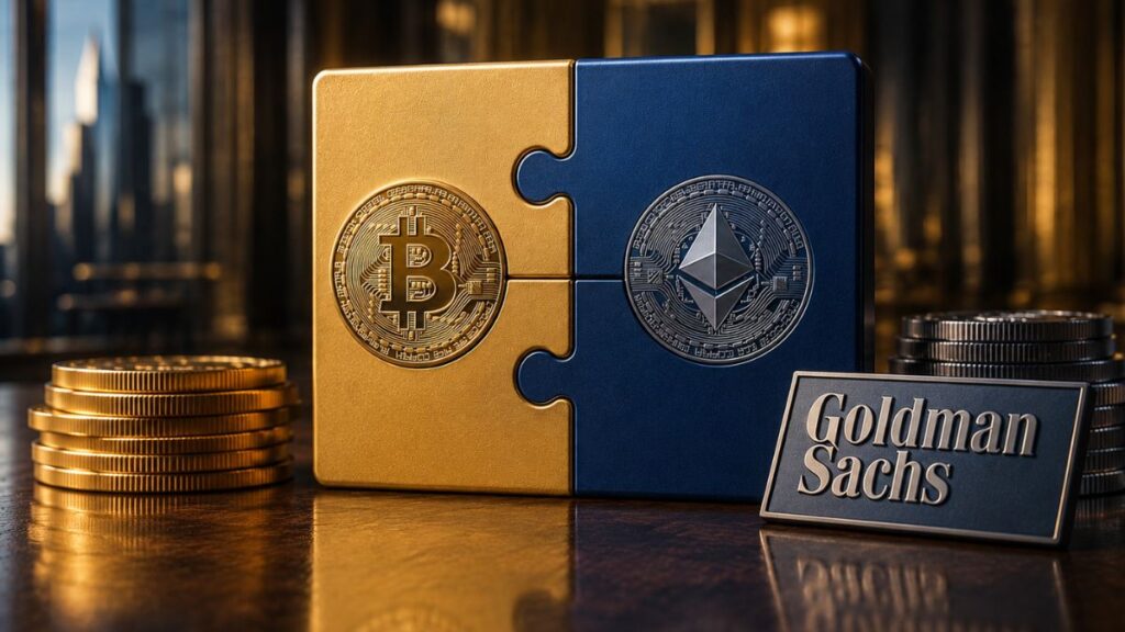 Pieza de rompecabezas dorada de Bitcoin y azul de Ethereum unidas junto al logo de Goldman Sachs.