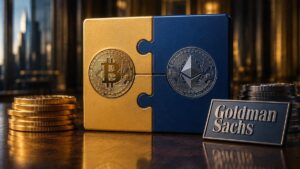 Pieza de rompecabezas dorada de Bitcoin y azul de Ethereum unidas junto al logo de Goldman Sachs.