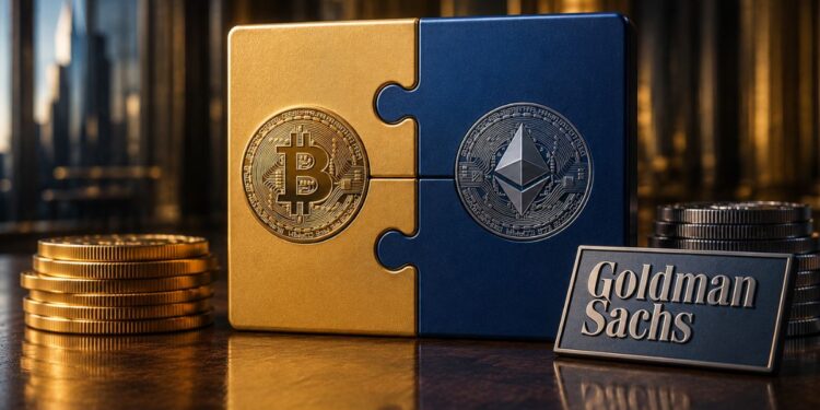 Pieza de rompecabezas dorada de Bitcoin y azul de Ethereum unidas junto al logo de Goldman Sachs.