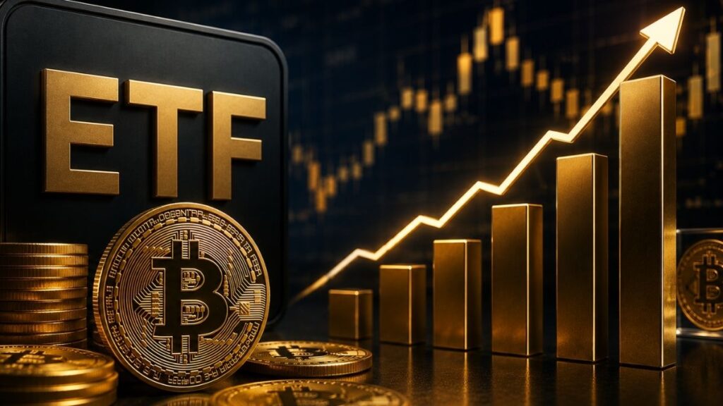 Moneda de Bitcoin junto al texto ETF y un gráfico financiero dorado en constante crecimiento.