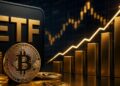 Moneda de Bitcoin junto al texto ETF y un gráfico financiero dorado en constante crecimiento.