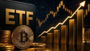 Moneda de Bitcoin junto al texto ETF y un gráfico financiero dorado en constante crecimiento.