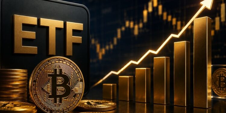 Moneda de Bitcoin junto al texto ETF y un gráfico financiero dorado en constante crecimiento.