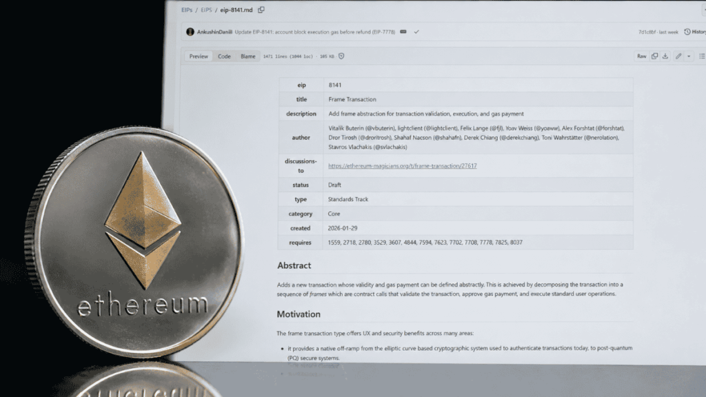 Moneda física de Ethereum y código de la EIP-8141 en Github.