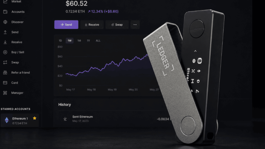 Primer plano: Dispositivo físico de Ledger. Fondo: Ledger Live abierto en la app de Ethereum.