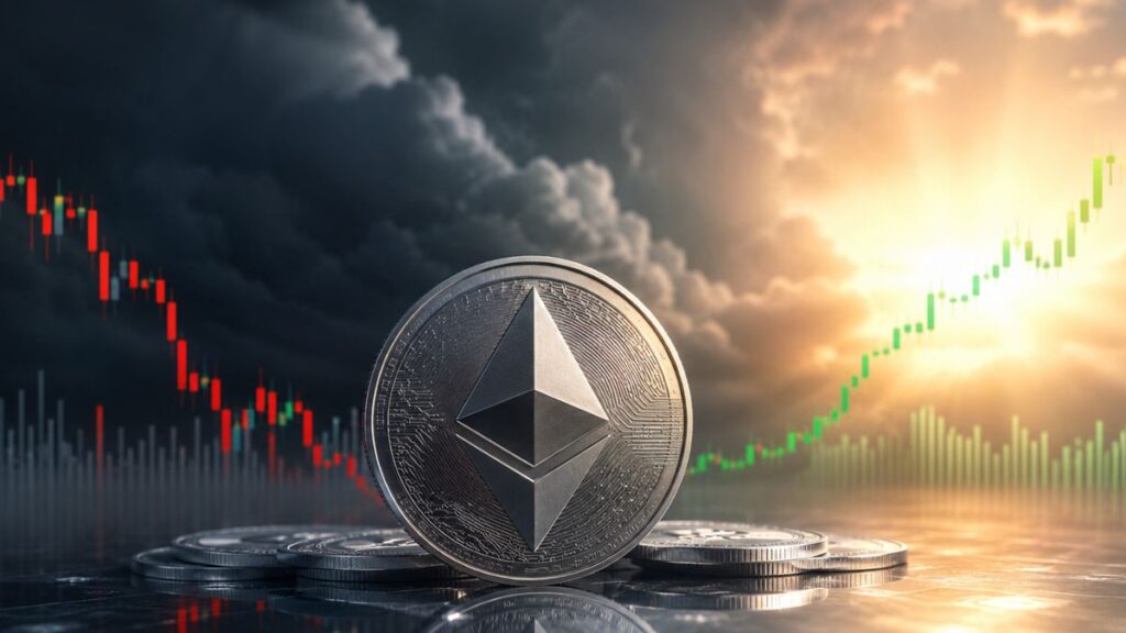 Moneda física de Ethereum en primer plano con un gráfico de velas de criptomonedas bajista a la izquierda y un gráfico alcista a la derecha.