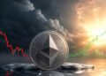 Moneda física de Ethereum en primer plano con un gráfico de velas de criptomonedas bajista a la izquierda y un gráfico alcista a la derecha.