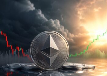 Moneda física de Ethereum en primer plano con un gráfico de velas de criptomonedas bajista a la izquierda y un gráfico alcista a la derecha.