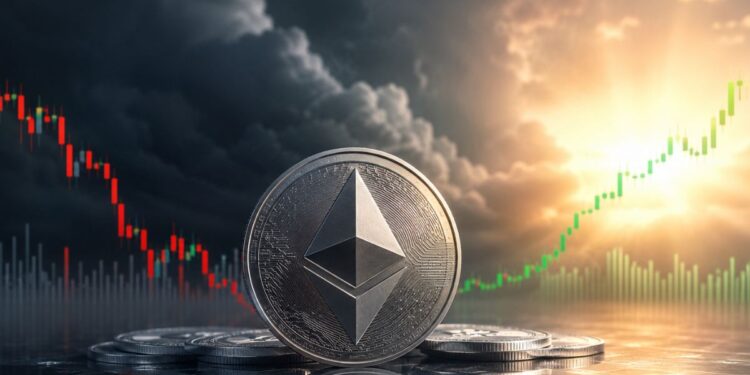 Moneda física de Ethereum en primer plano con un gráfico de velas de criptomonedas bajista a la izquierda y un gráfico alcista a la derecha.