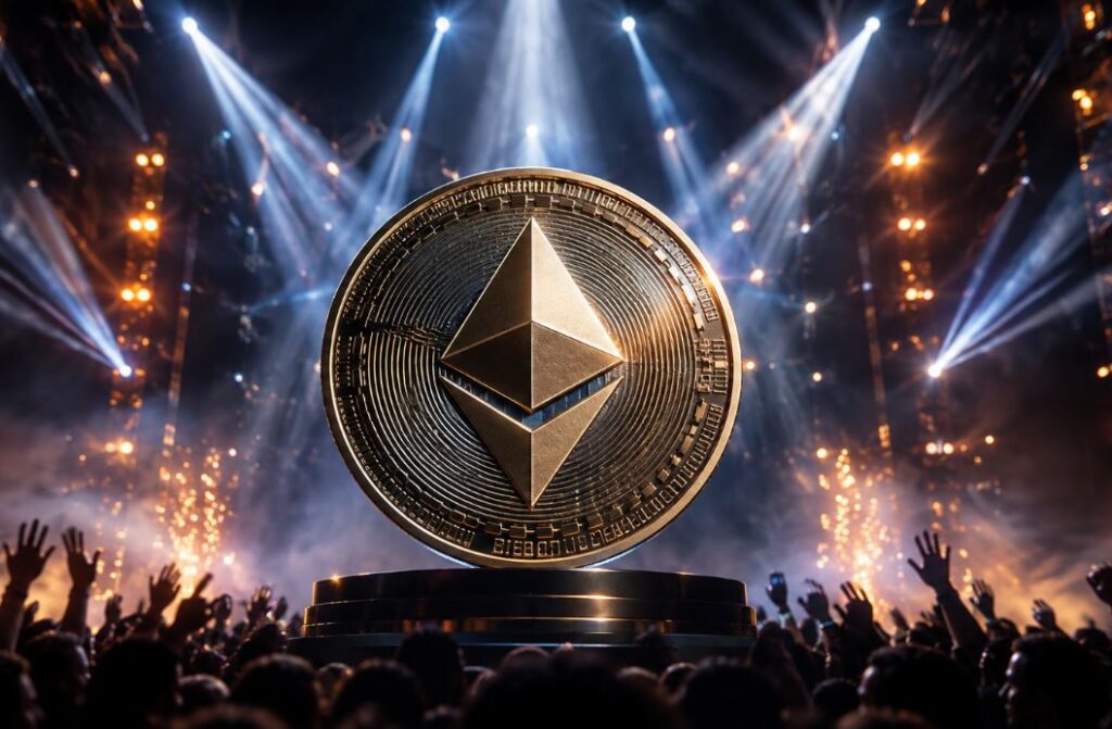 Una moneda física de ether arriba de un escenario.