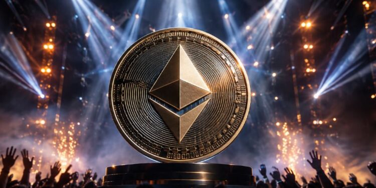 Una moneda física de ether arriba de un escenario.