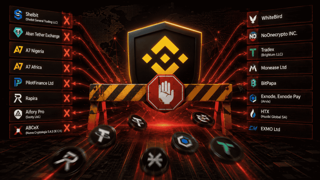 Ilustración oscura de Binance bloqueando el paso mediante una barrera con señal de alto. A ambos lados, plataformas de criptomonedas aparecen marcadas con cruces rojas.