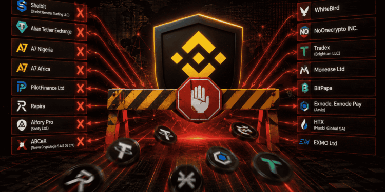 Ilustración oscura de Binance bloqueando el paso mediante una barrera con señal de alto. A ambos lados, plataformas de criptomonedas aparecen marcadas con cruces rojas.