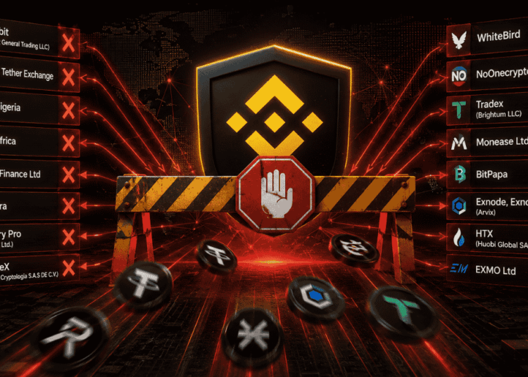 Ilustración oscura de Binance bloqueando el paso mediante una barrera con señal de alto. A ambos lados, plataformas de criptomonedas aparecen marcadas con cruces rojas.