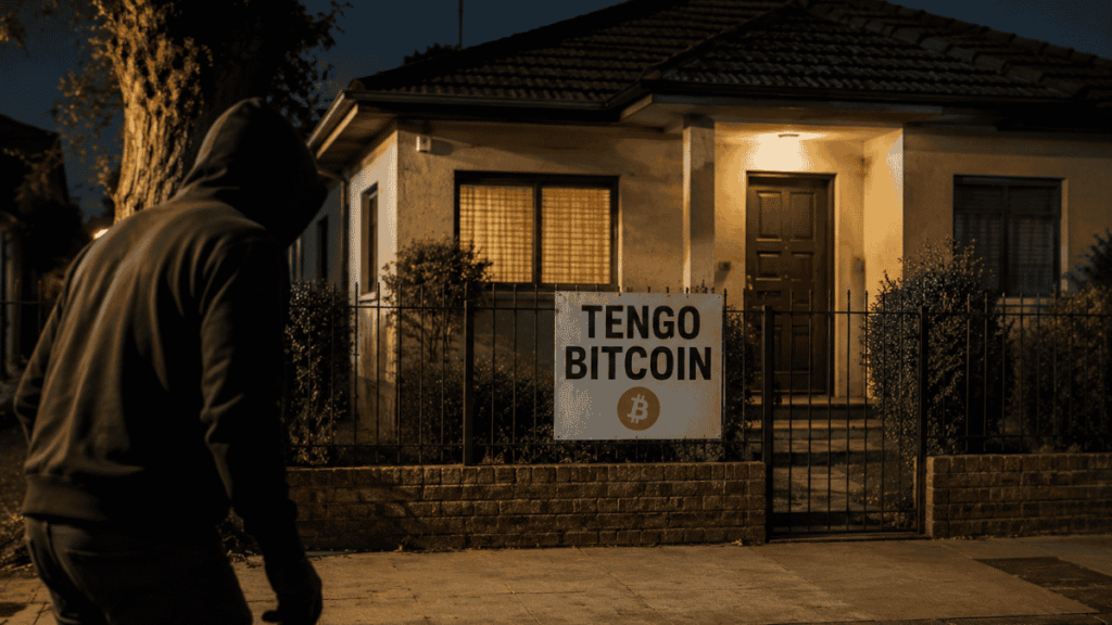Una casa con el letrero "Tengo bitcoin". Hay un ladrón encapuchado merodeando.