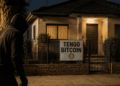 Una casa con el letrero "Tengo bitcoin". Hay un ladrón encapuchado merodeando.