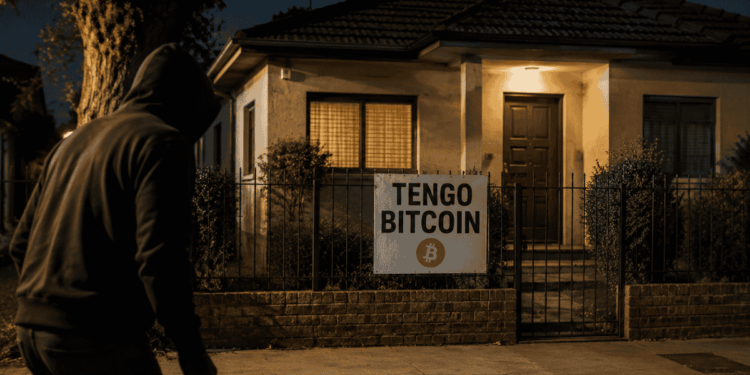 Una casa con el letrero "Tengo bitcoin". Hay un ladrón encapuchado merodeando.