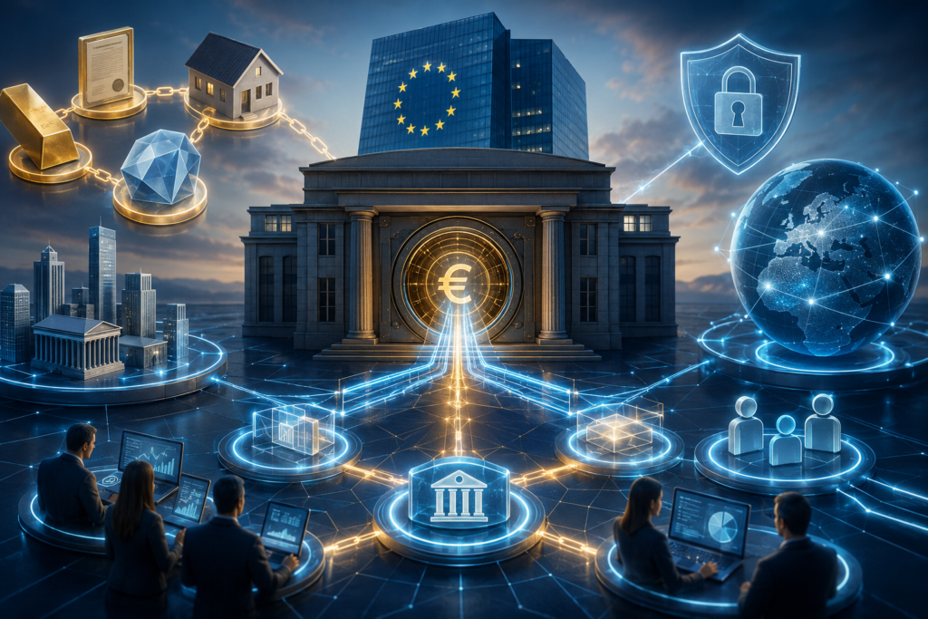 Ilustración del BCE conectando el euro con redes financieras digitales y tecnología DLT.