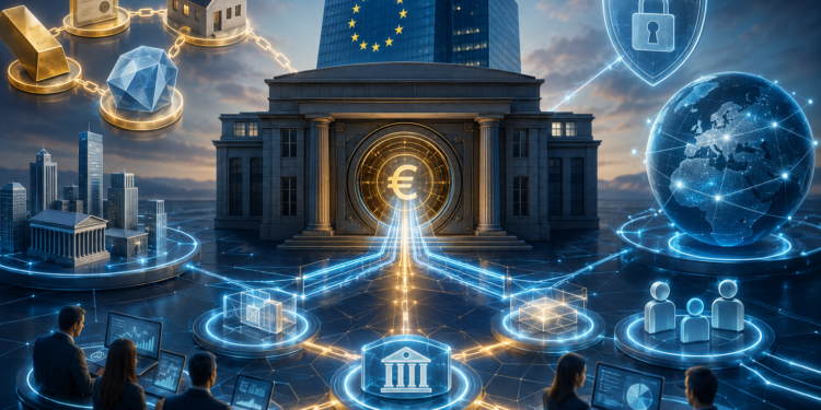 Ilustración del BCE conectando el euro con redes financieras digitales y tecnología DLT.