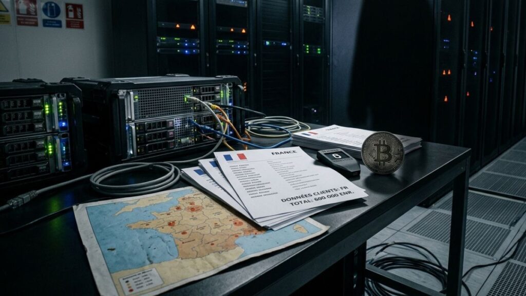 Servidores en un centro de datos oscuro con documentos sobre una fuga de datos en Francia, una moneda de Bitcoin.