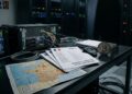 Servidores en un centro de datos oscuro con documentos sobre una fuga de datos en Francia, una moneda de Bitcoin.