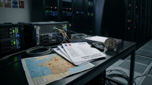 Servidores en un centro de datos oscuro con documentos sobre una fuga de datos en Francia, una moneda de Bitcoin.
