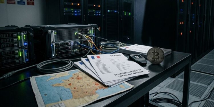 Servidores en un centro de datos oscuro con documentos sobre una fuga de datos en Francia, una moneda de Bitcoin.