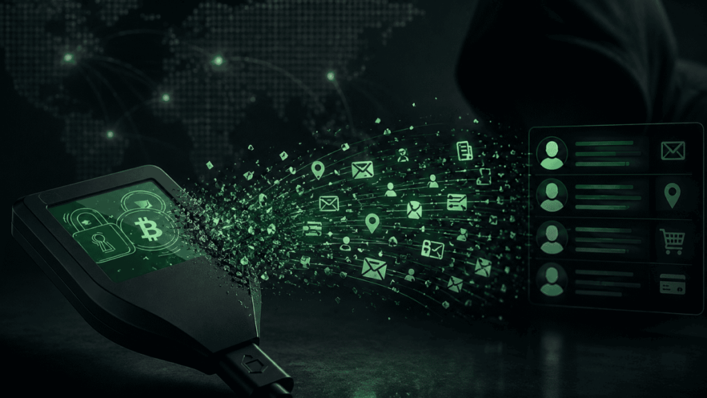 Imagen conceptual que representa datos de personas saliendo de una hardware wallet Trezor.