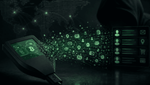 Imagen conceptual que representa datos de personas saliendo de una hardware wallet Trezor.