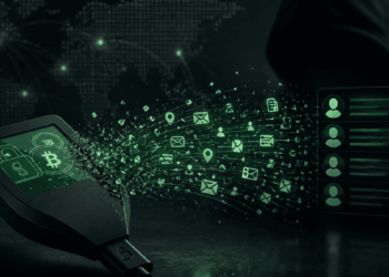 Imagen conceptual que representa datos de personas saliendo de una hardware wallet Trezor.