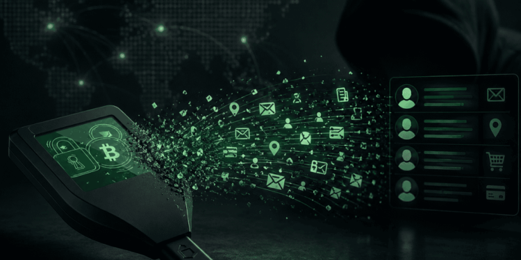 Imagen conceptual que representa datos de personas saliendo de una hardware wallet Trezor.