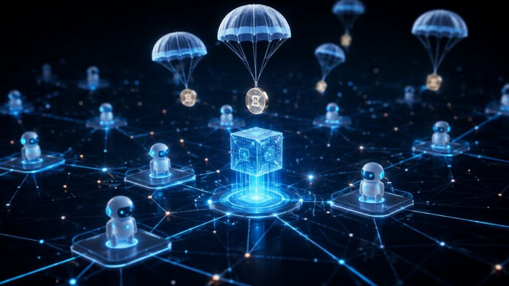 Monedas digitales descendiendo en paracaídas sobre una red conectada con pequeños robots.