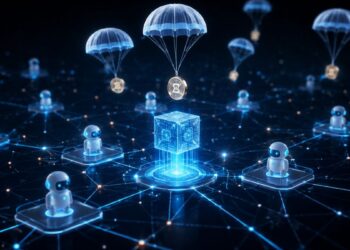 Monedas digitales descendiendo en paracaídas sobre una red conectada con pequeños robots.
