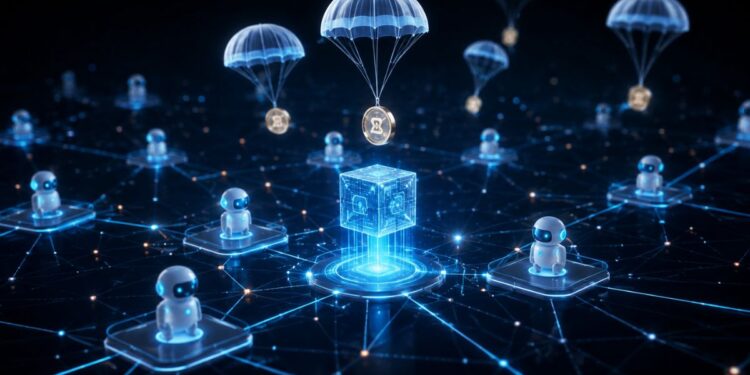 Monedas digitales descendiendo en paracaídas sobre una red conectada con pequeños robots.