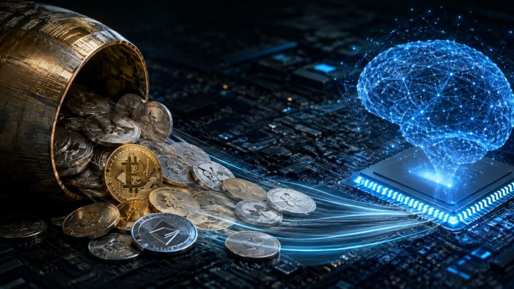 Un barril dorado derramando criptomonedas como Bitcoin y Ethereum sobre un circuito electrónico que se conecta a un cerebro digital brillante de inteligencia artificial.