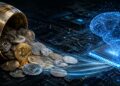Un barril dorado derramando criptomonedas como Bitcoin y Ethereum sobre un circuito electrónico que se conecta a un cerebro digital brillante de inteligencia artificial.
