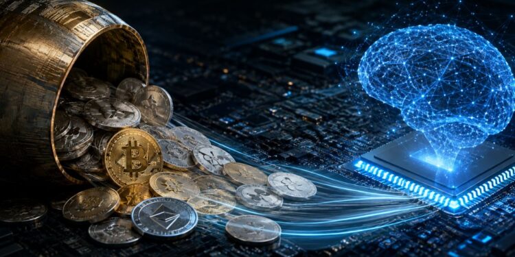 Un barril dorado derramando criptomonedas como Bitcoin y Ethereum sobre un circuito electrónico que se conecta a un cerebro digital brillante de inteligencia artificial.
